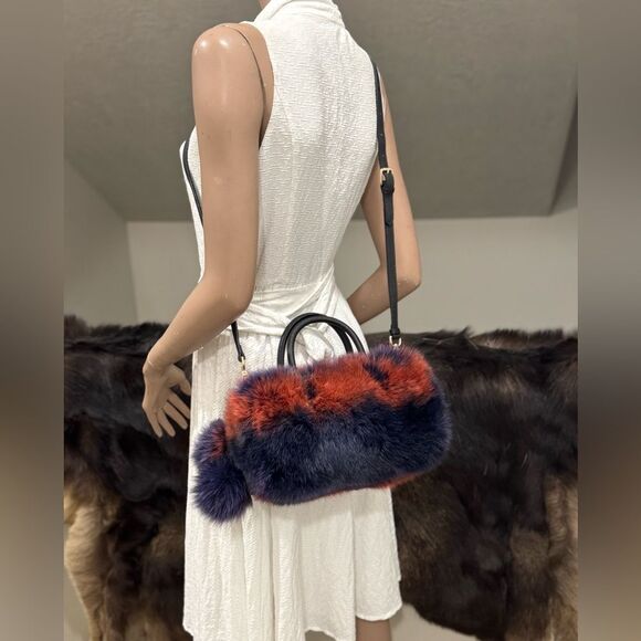 2 Tone Gradient Real Fox Fur Handmade Boston Bag/Crossbody & 2 Fur Balls Charm - Picture 7 of 17